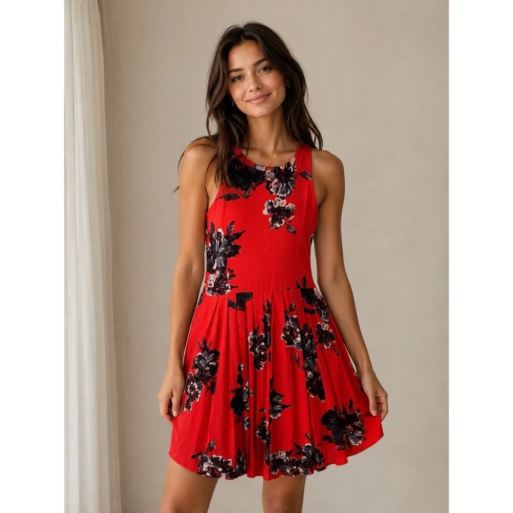 Free People Cloud Combo Floral Flutter By Dress Women Sz 0 Pleated OB420184 Red